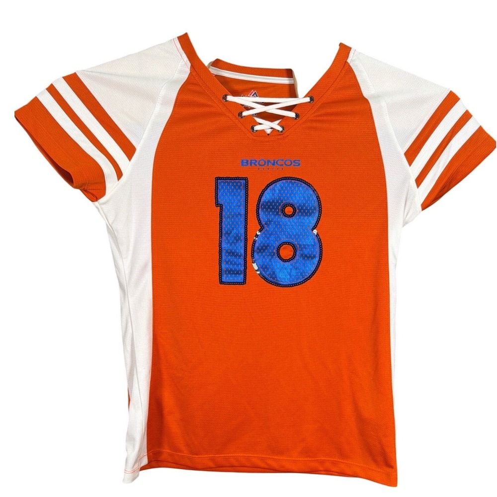 Denver Broncos Peyton Manning 18 Majestic Womens Jersey Orange Sequin Large